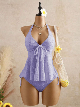 Ensemble tankini violet halter en V profond années 1950