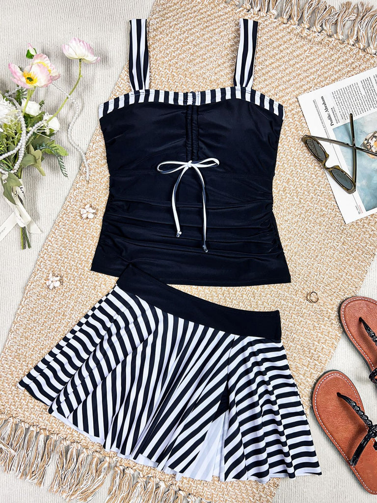 Set Tankini Noir à Rayures Color Block Froncé Années '50 5