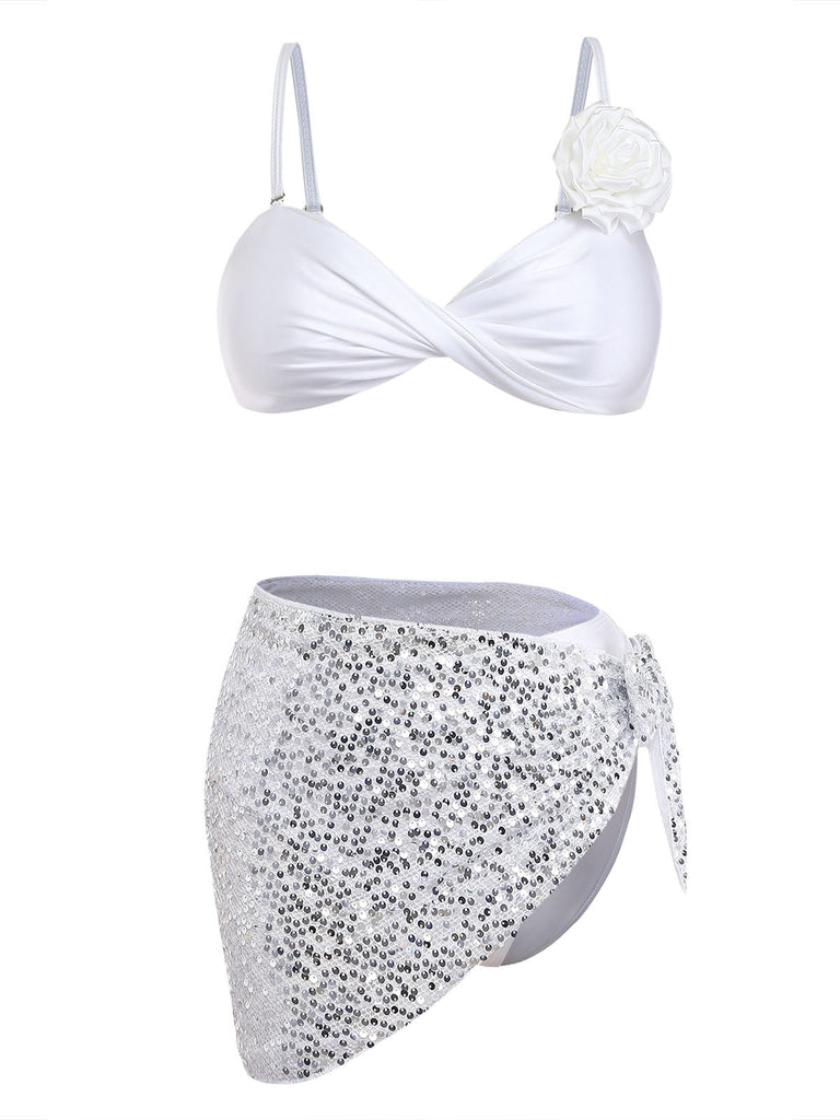 Maillot de Bain Rose en Satin-Finish Blanc Années 1950