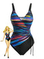 Maillot de bain une pièce bleu rayures colorblock et cordon de serrage années 1940