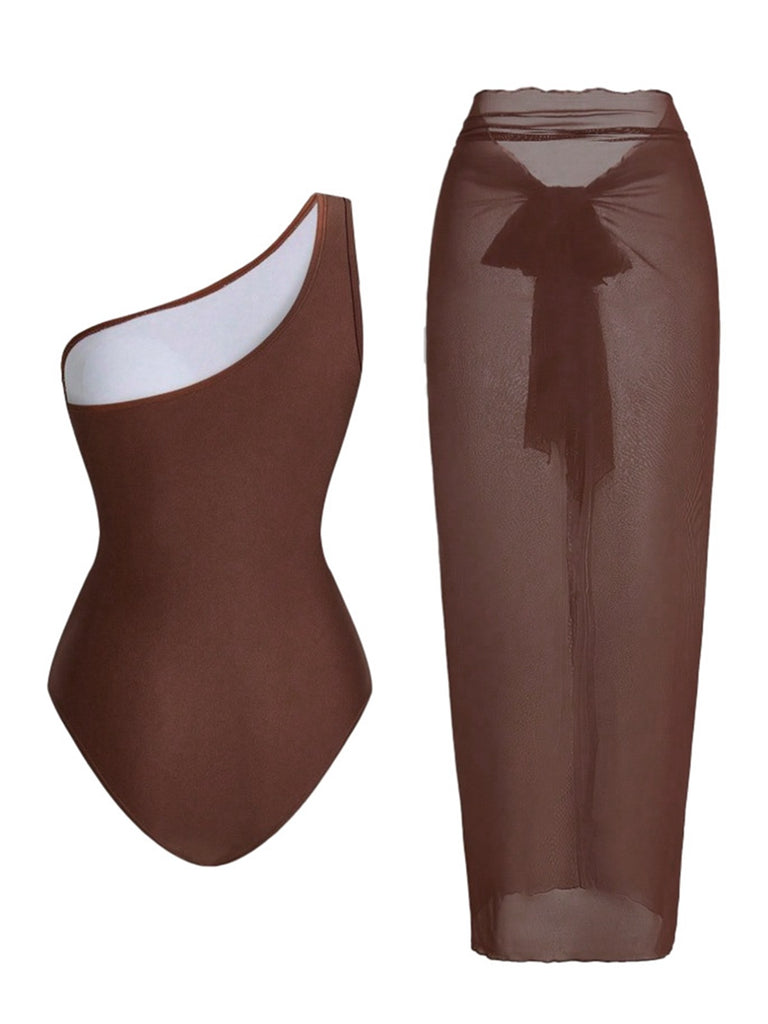 Maillot de bain une épaule froncée effet ventre plat paréo années 1950