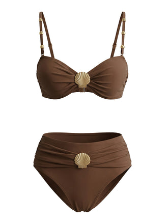 Set Bikini Marron Froncé à Décor Coquillage en Métal Années '70 2