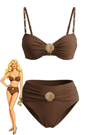 Set Bikini Marron Froncé à Décor Coquillage en Métal Années '70