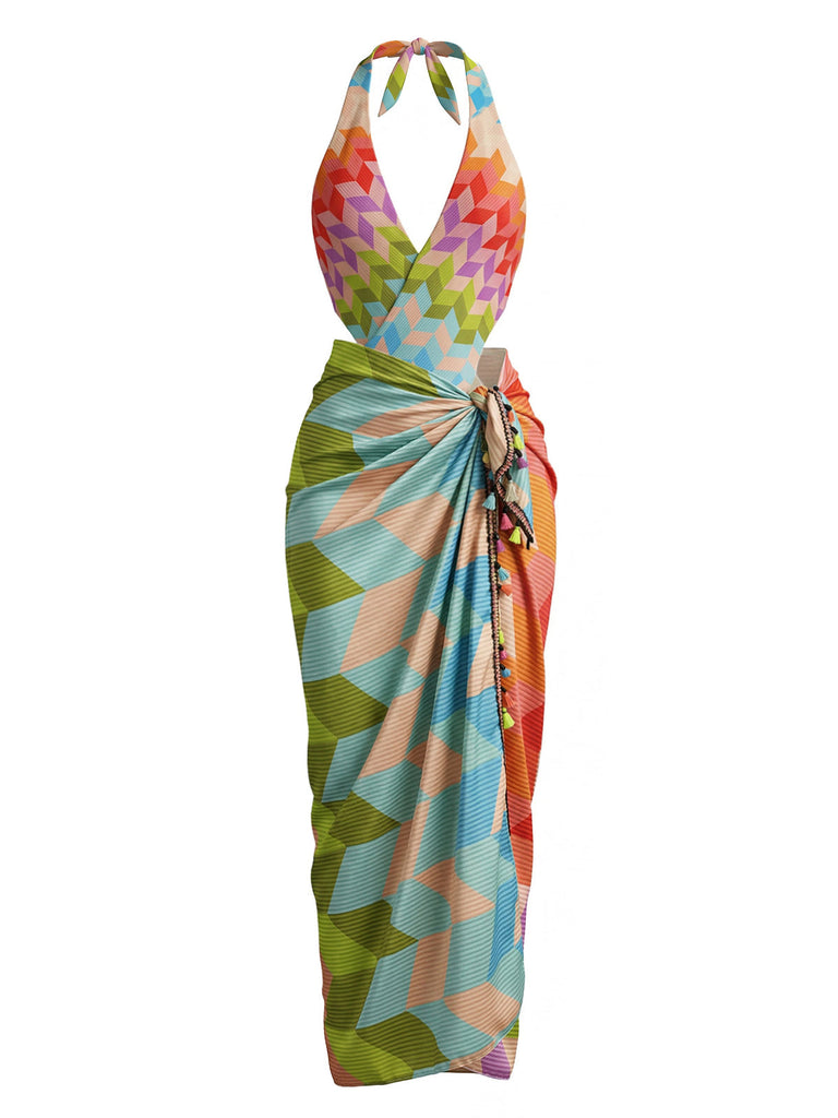 Maillot de Bain 2PCS Multicolore Géométrique Halter Boho Années 1970 2