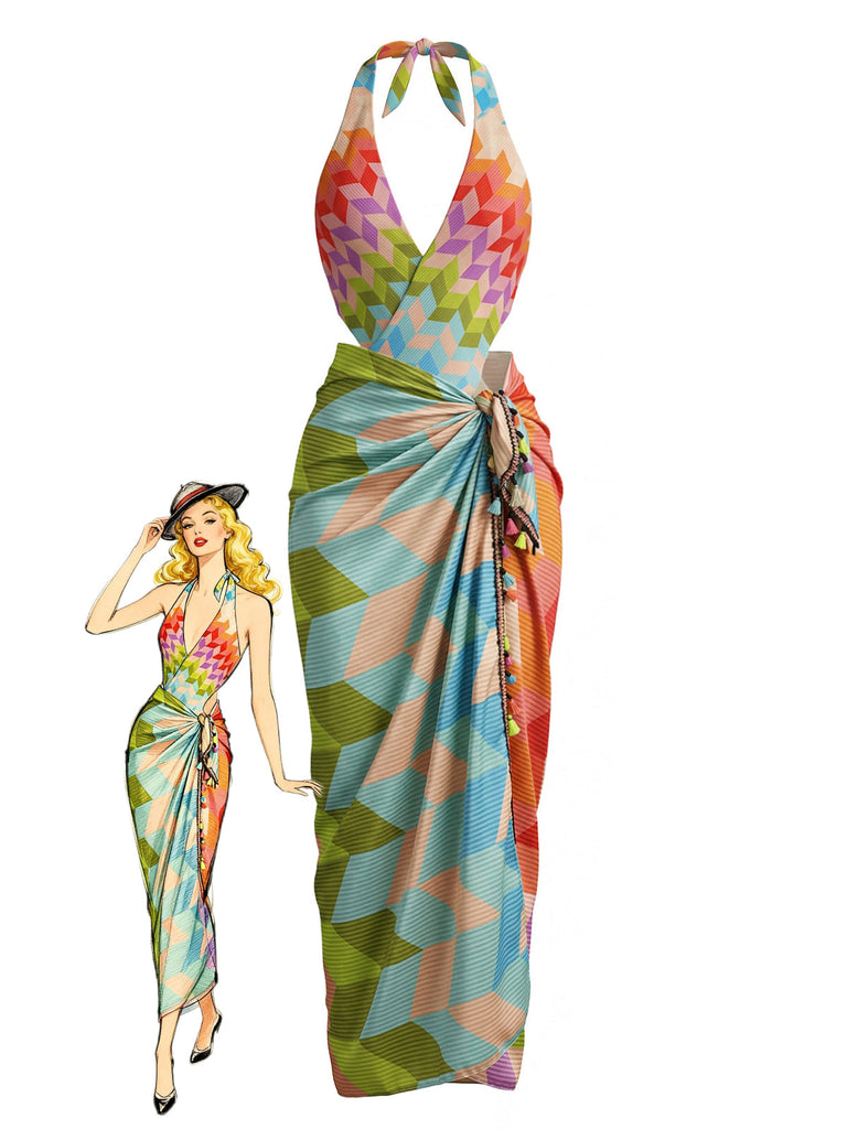 Maillot de Bain 2PCS Multicolore Géométrique Halter Boho Années 1970