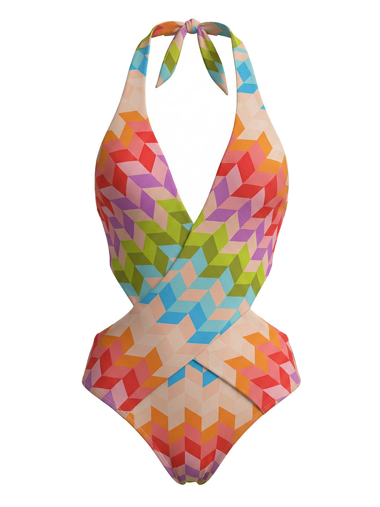 Maillot de Bain 2PCS Multicolore Géométrique Halter Boho Années 1970 3