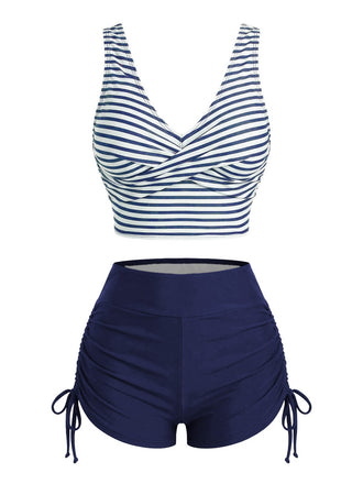Tankini bleu marine rayé cordon croisé années 1950