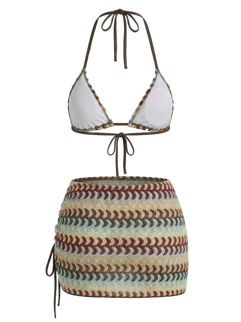 Multicolore Bohème Halter Ensemble Bikini & Cache-Maillot Années 1970 3