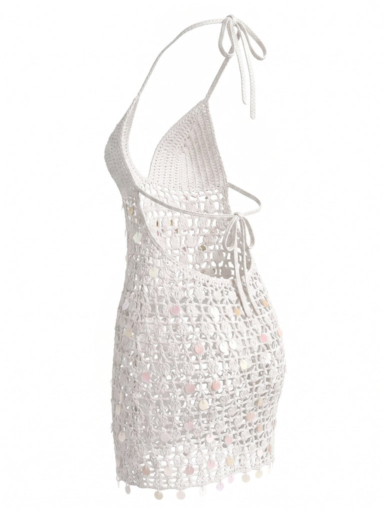 Cache-maillot blanc sequins ajourés crochet années 1960