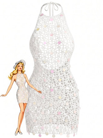 Cache-maillot blanc sequins ajourés crochet années 1960
