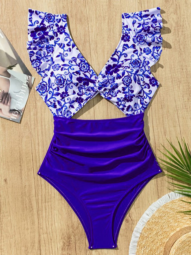 Bleu Foncé Porcelaine Blocs de Couleur Maillot de Bain Une Pièce Années 1970 5