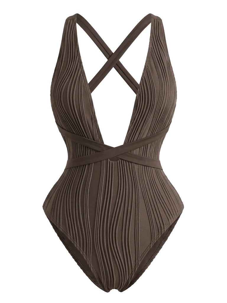 Marron Foncé Croisé Dos Nu Maillot de Bain Une Pièce Années 1950