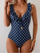 Maillot de bain une pièce bleu foncé à pois à volants et col en V années 1950