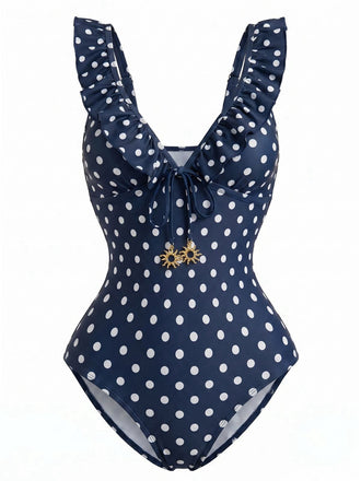 Maillot de bain une pièce bleu foncé à pois à volants et col en V années 1950