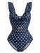 Maillot de bain une pièce bleu foncé à pois à volants et col en V années 1950