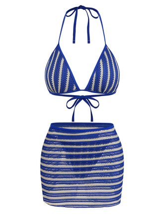 3 Pièces Bleu Halter Rayé Ensemble Bikini & Cache-Maillot Années 1960 2