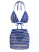 3 Pièces Bleu Halter Rayé Ensemble Bikini & Cache-Maillot Années 1960 2