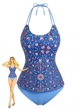 Set Tankini Halter à Imprimés Floraux Rétro Années '40