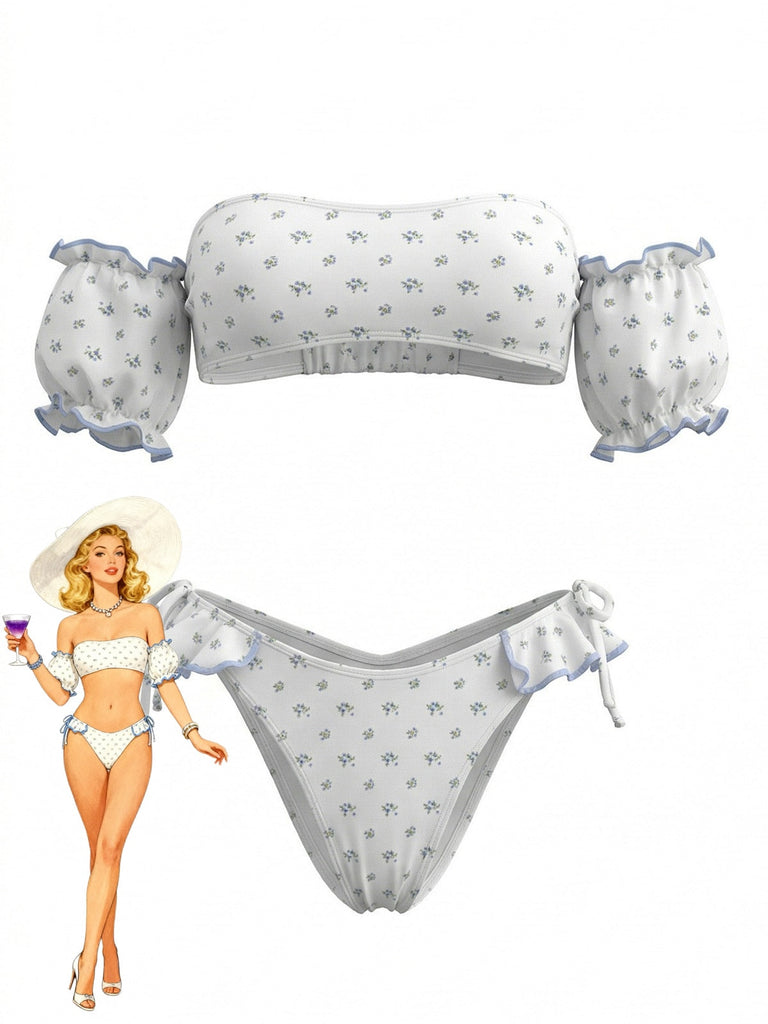 Bikini Épaules Dénudées Manches Bouffantes Floral Blanc Années 50