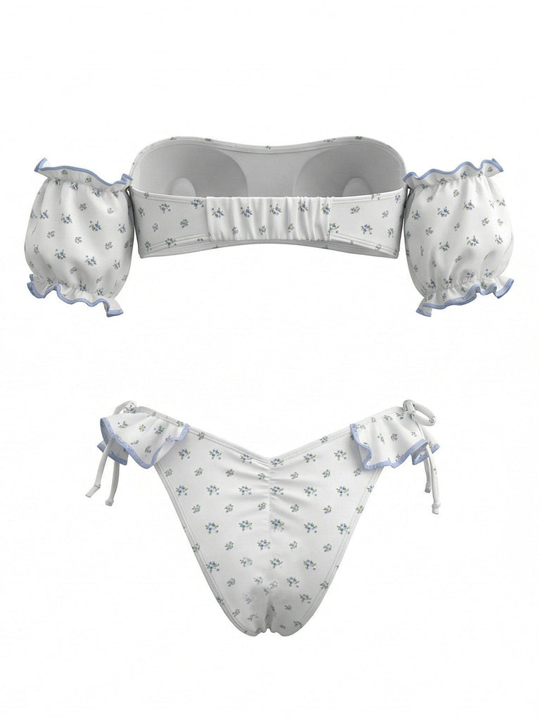 Bikini Épaules Dénudées Manches Bouffantes Floral Blanc Années 50