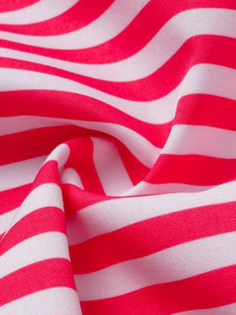 2PCS Maillot de Bain Une Pièce Bustier Rayé et Paréo Rose années 40 6