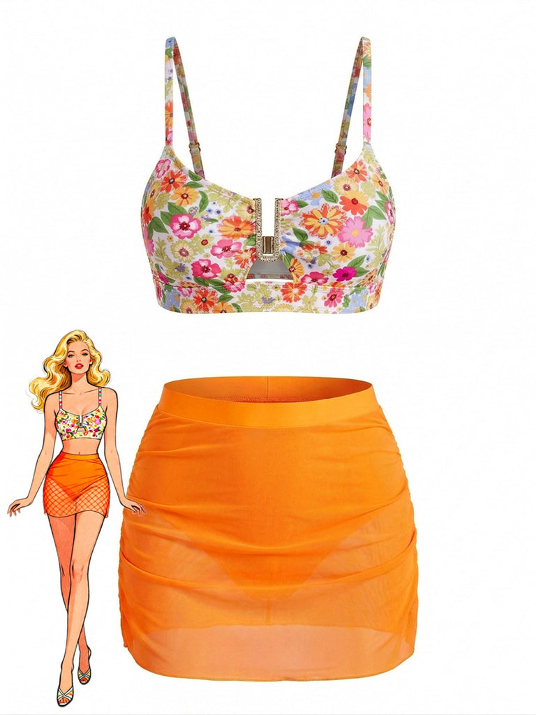 Ensemble tankini taille haute motif floral et boucle en métal forme U années 60