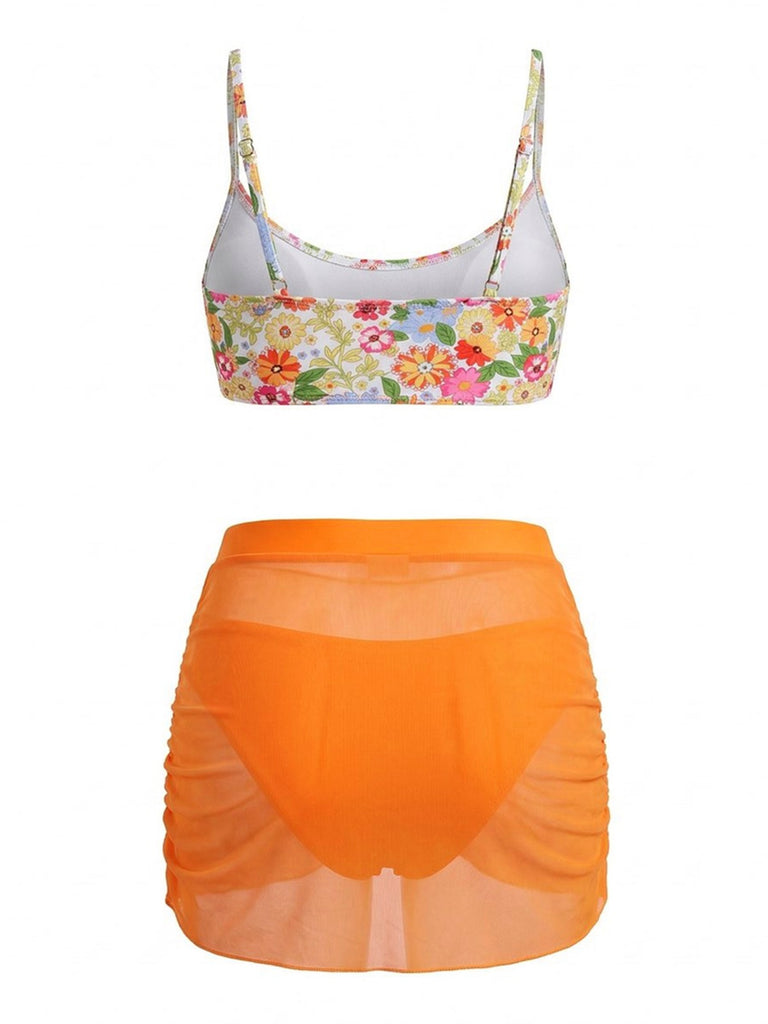 Ensemble tankini taille haute motif floral et boucle en métal forme U années 60