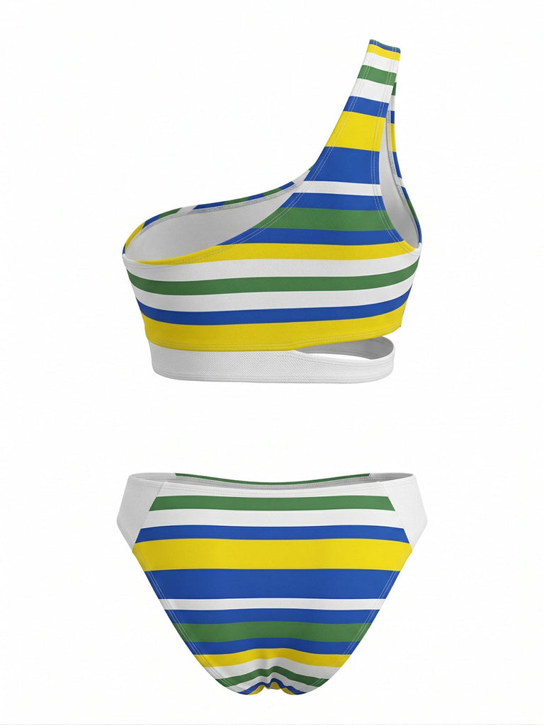 Ensemble Bikini Asymétrique Découpé Rayé Bleu années 40 3