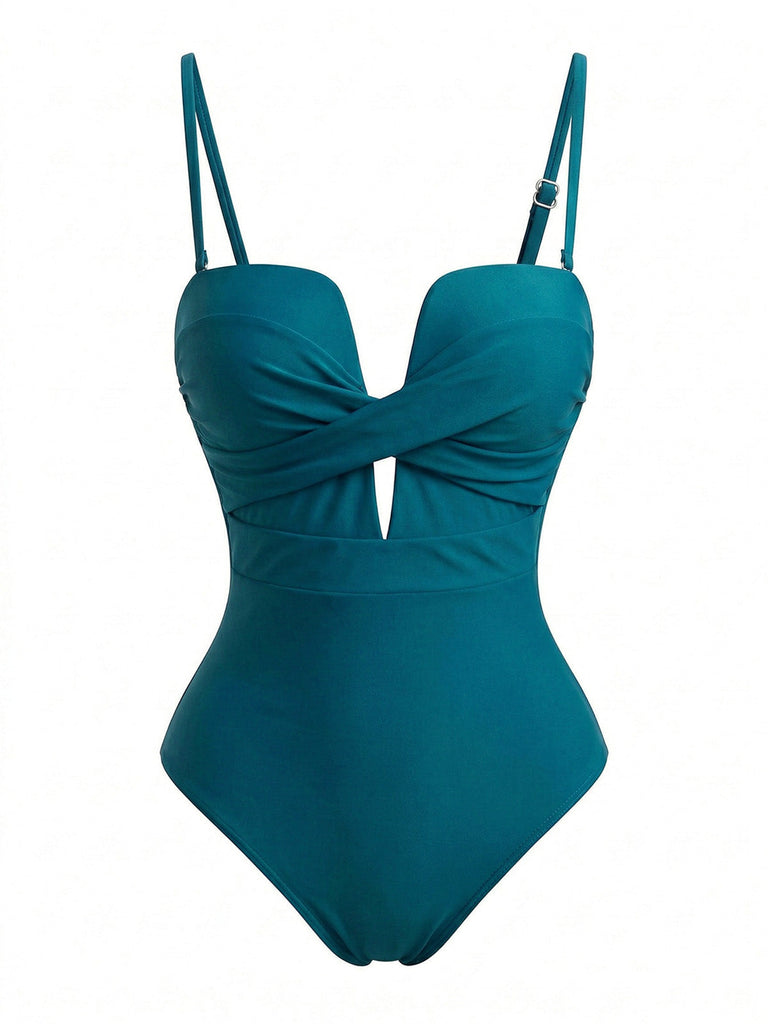 Maillot de Bain Torsadé Devant Tropical Leaf Imprimé Une Pièce Années 1950 3