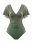 Maillot de bain col V manches volants ajourées et motif palmiers années 1950