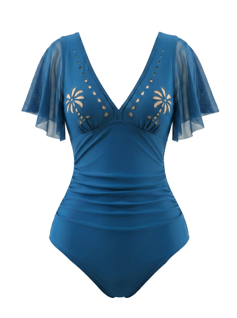 Maillot de Bain Manches à Volants Ajouré Col en V Palmier années 50 5