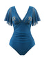 Maillot de bain col V manches volants ajourées et motif palmiers années 1950