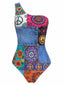 Maillot de bain hippie multicolore asymétrique et une épaule années 60