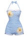 Maillot de Bain Une Pièce Dos-Nu Floral à Nœud Bleu Ciel Années 1950