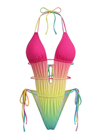 Multicolore Froncé Dégradé Plage Maillot de Bain Une Pièce Années 1950 2