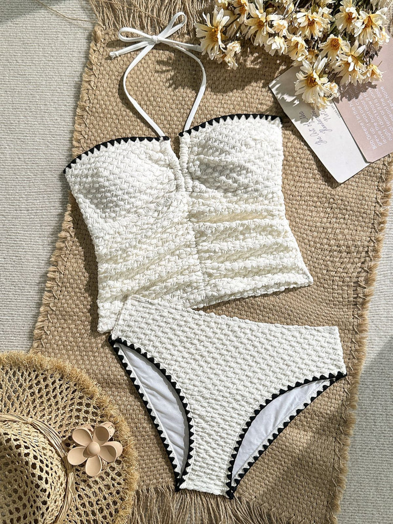 Ensemble Tankini Halter Bustier Texturé Blanc Années 1950 4