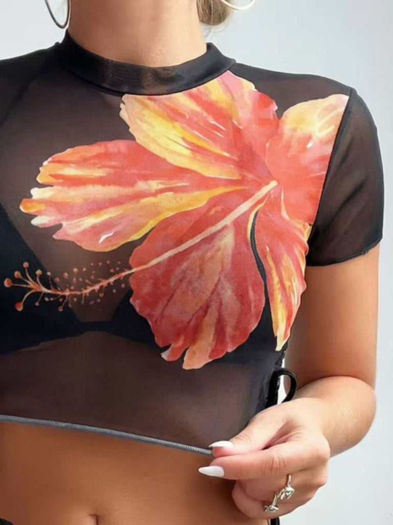 3PCS Set Bikini Noir avec Crop Top Transparent à Fleurs Tropicales Années '40 4