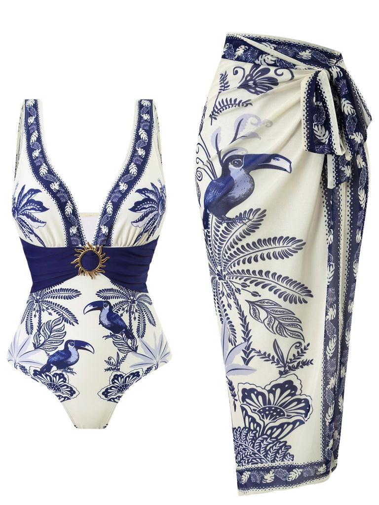 Maillot de Bain Une Pièce Bleu à Fleurs et Oiseaux avec Cache Maillot Années '30