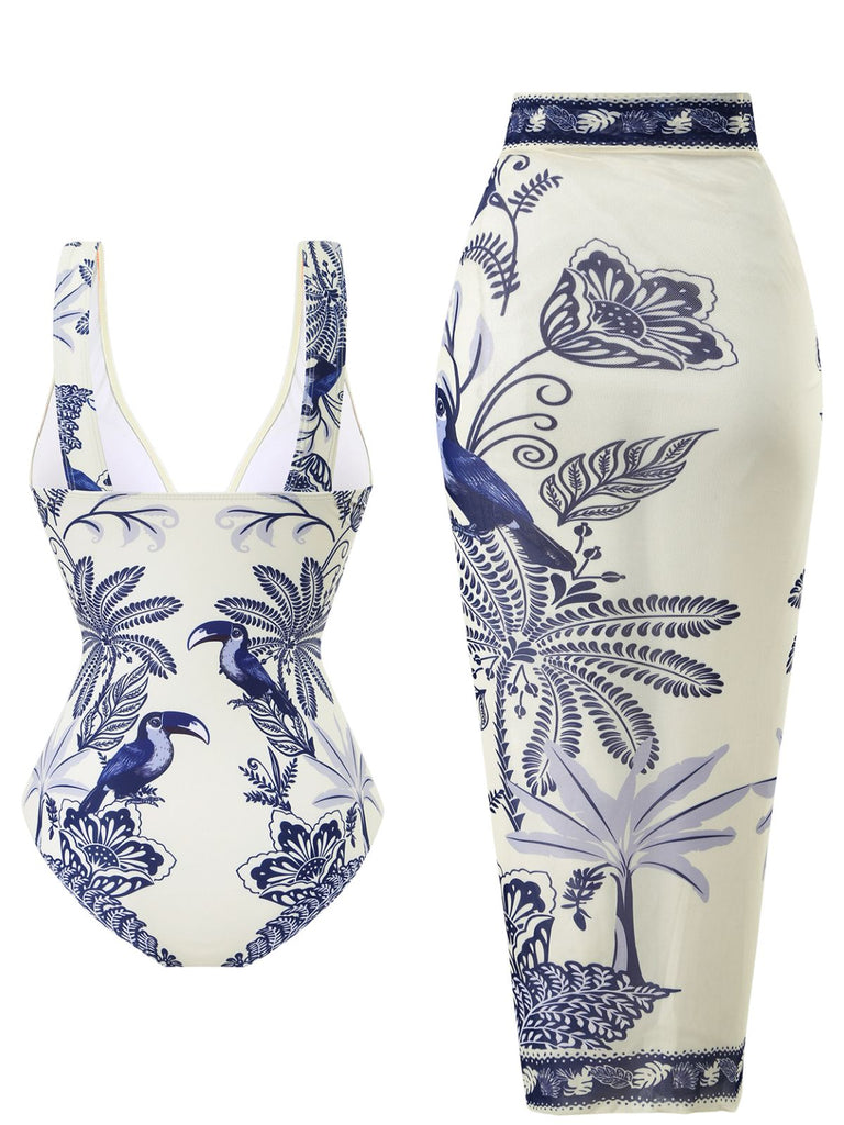 Maillot de Bain Une Pièce Bleu à Fleurs et Oiseaux avec Cache Maillot Années '30 2
