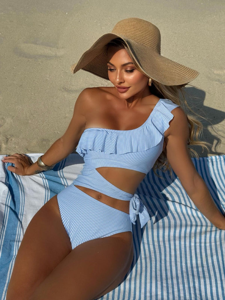 Maillot de Bain Une Pièce Bleu à Rayures Asymétrique à Découpes Années '40 2