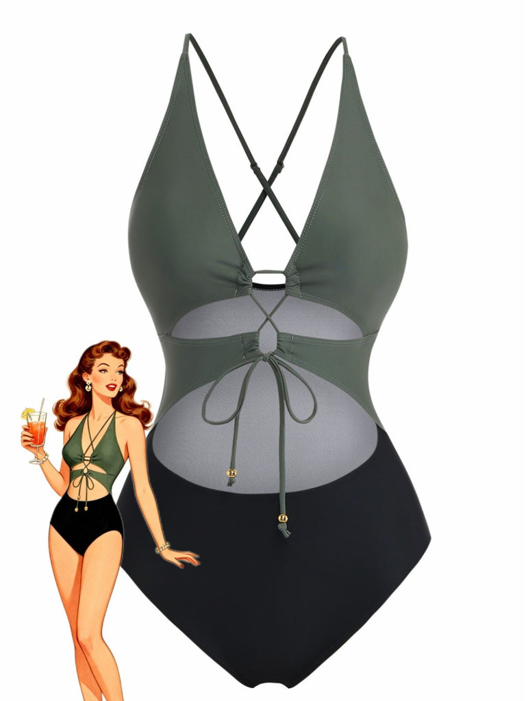 Maillot de Bain Une Pièce Découpé Lacé Plongeant Années 1960