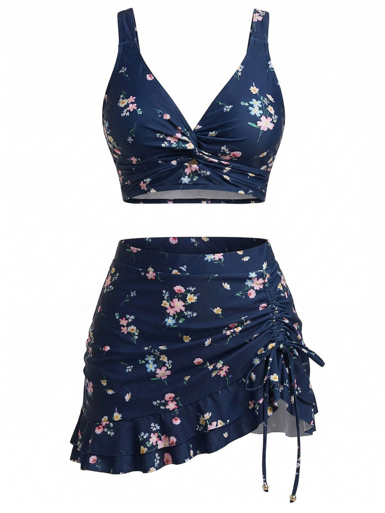 Maillot de Bain Floral Torsadé Devant & Ruffled Années 1940 4