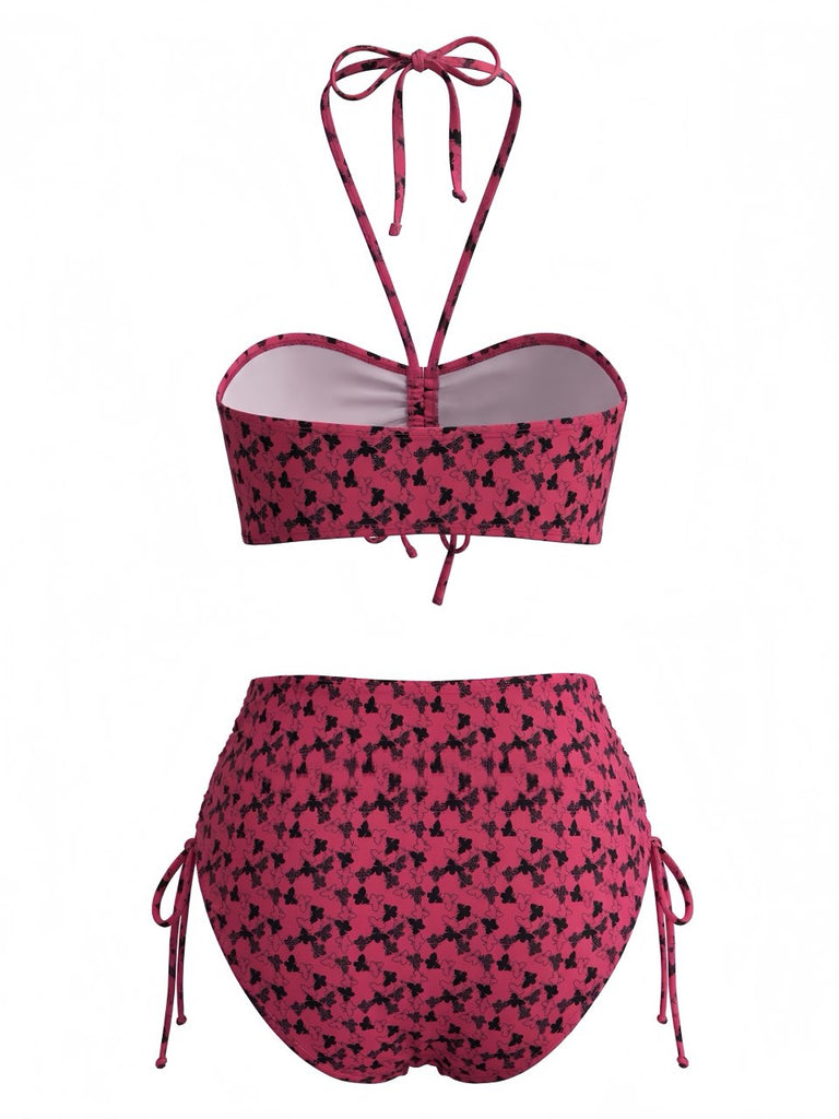 Maillot de Bain Rouge Papillon Halter Rose Années 1940 3