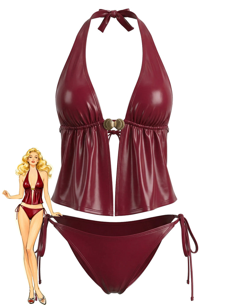 Maillot de Bain Faux Leather Halter Coquillage Rouge Années 1940