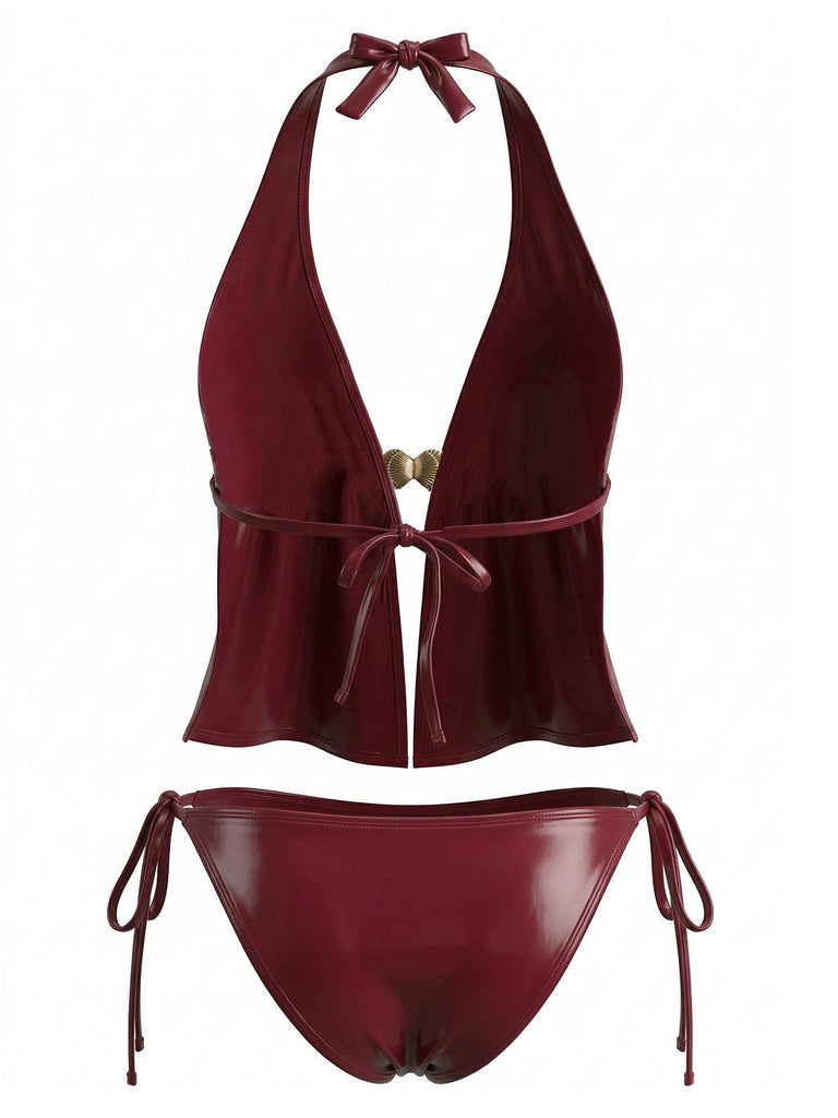 Maillot de Bain Faux Leather Halter Coquillage Rouge Années 1940 3