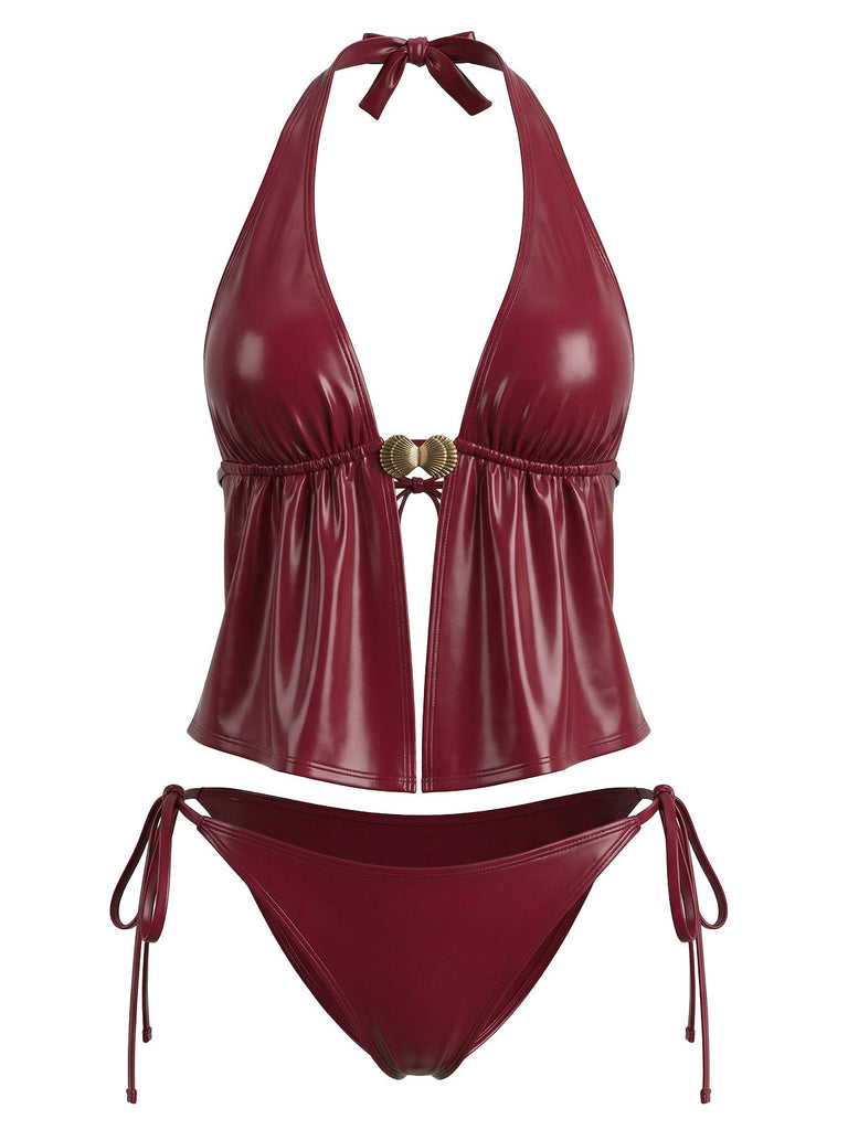 Maillot de Bain Faux Leather Halter Coquillage Rouge Années 1940 2