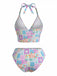 Ensemble Bikini Dos Nu Col en V Floral Carreaux Rose années 60 3