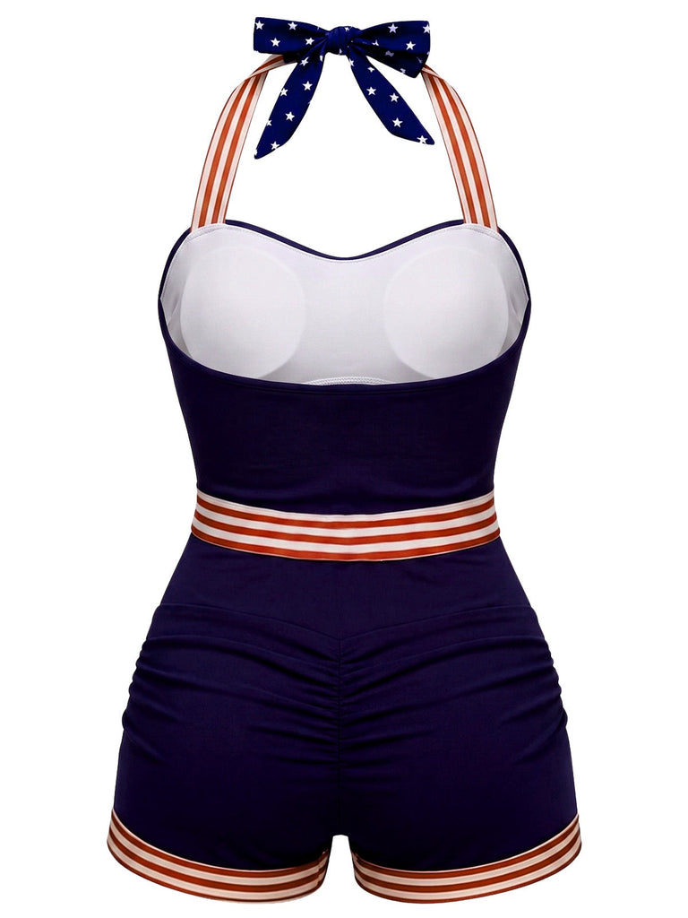 Maillot de Bain Dos-Nu Patchwork Étoiles Rayures & Ancre Bleu Marine Années 1940