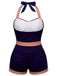 Maillot de Bain Dos-Nu Patchwork Étoiles Rayures & Ancre Bleu Marine Années 1940