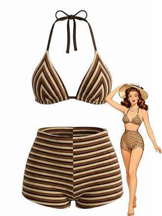 2 Pièces Marron Rayé Éponge Halter Bikini & Short Années 1950